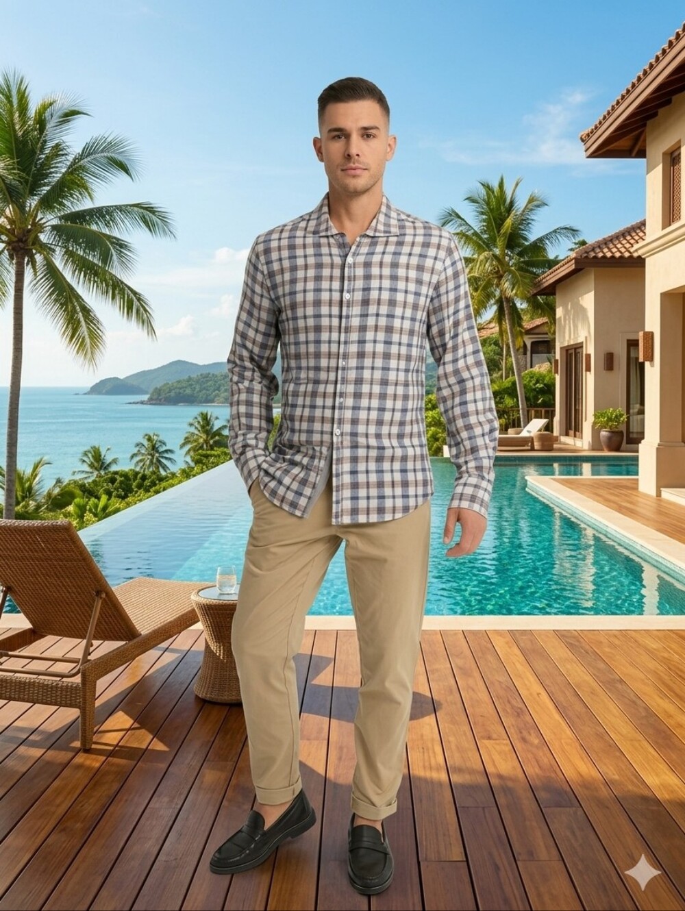 Canali Cream, Brown & Blue Plaid 100% Flax Button Up Shirt Size XXL Luxe